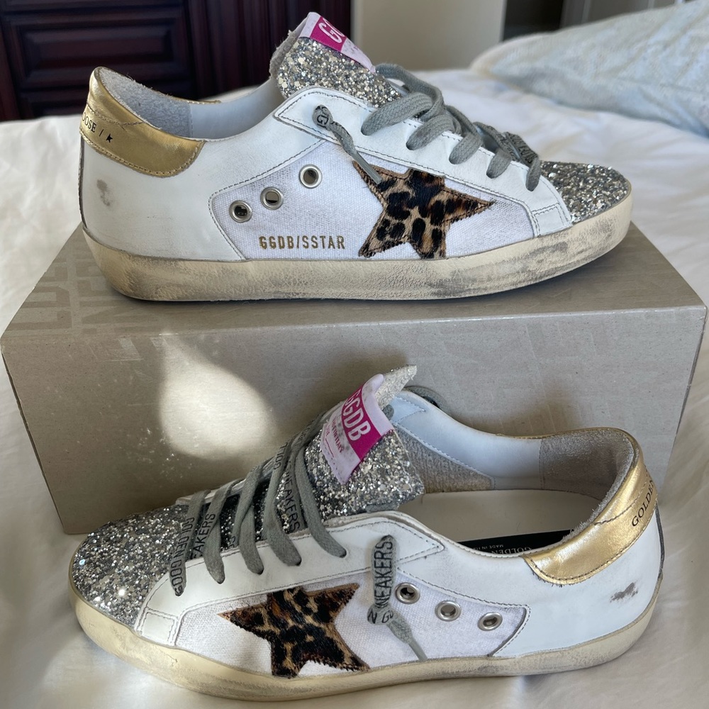 Golden Goose Super-star with glitter toe & leopard star, Women’s Size 37